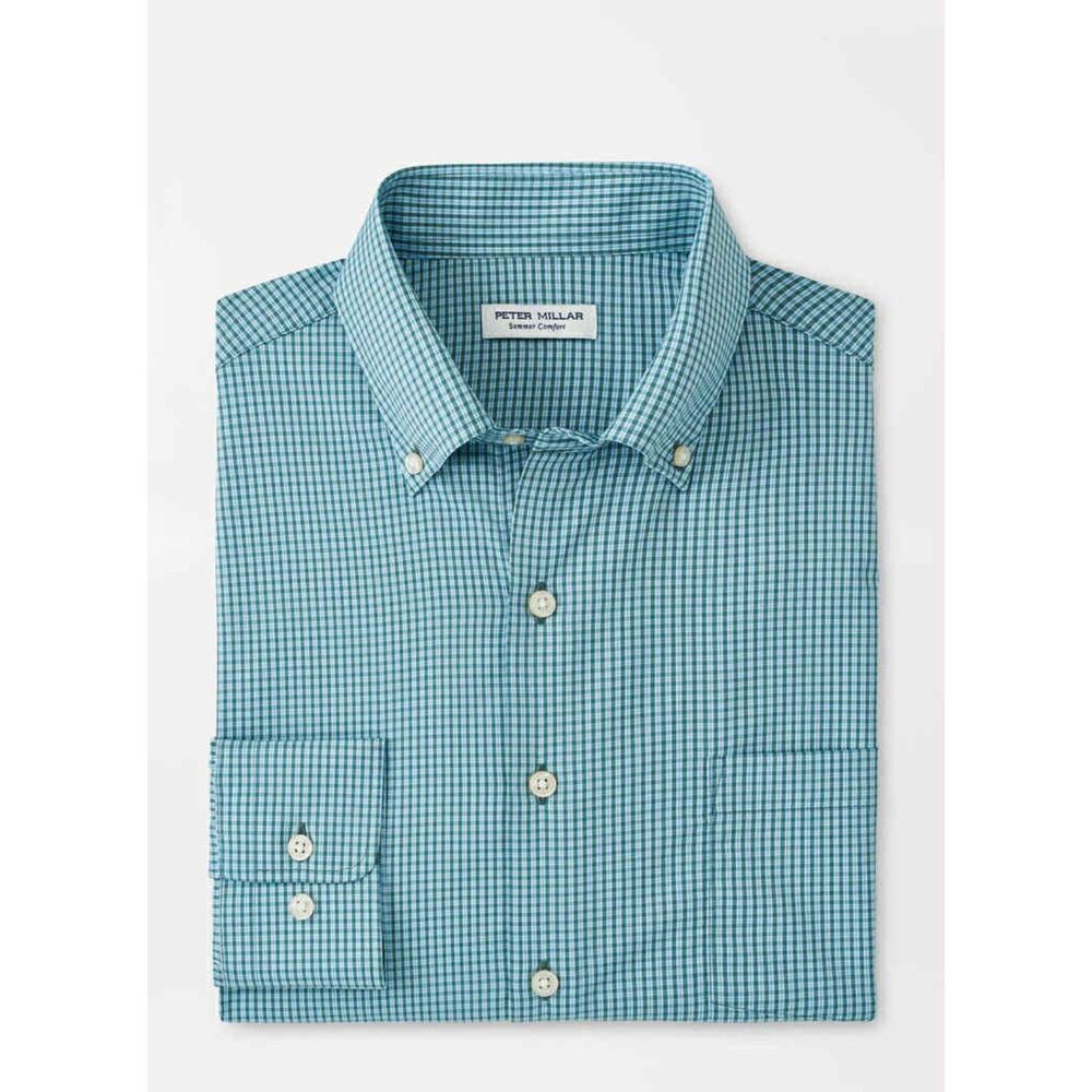 Peter Millar Summer Comfort Blue & Green Plaid Men's Long Sleeve Button Down, L